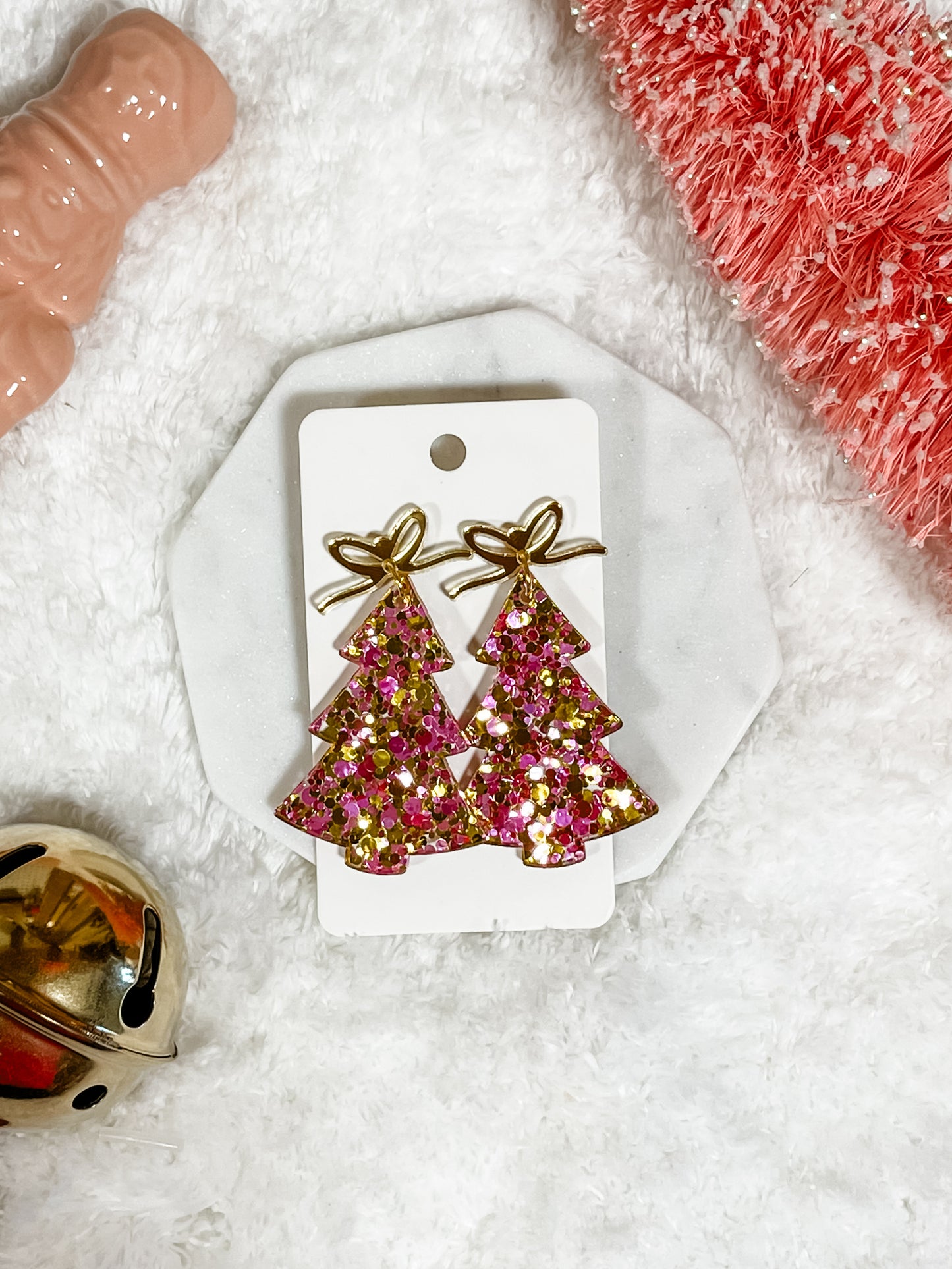 Pink + Gold Christmas Tree Earrings