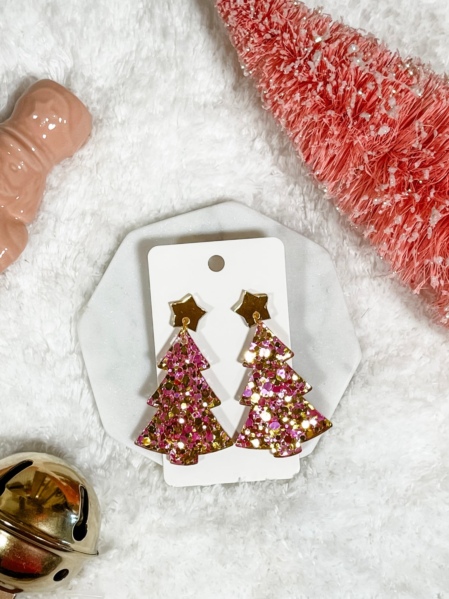 Pink + Gold Christmas Tree Earrings