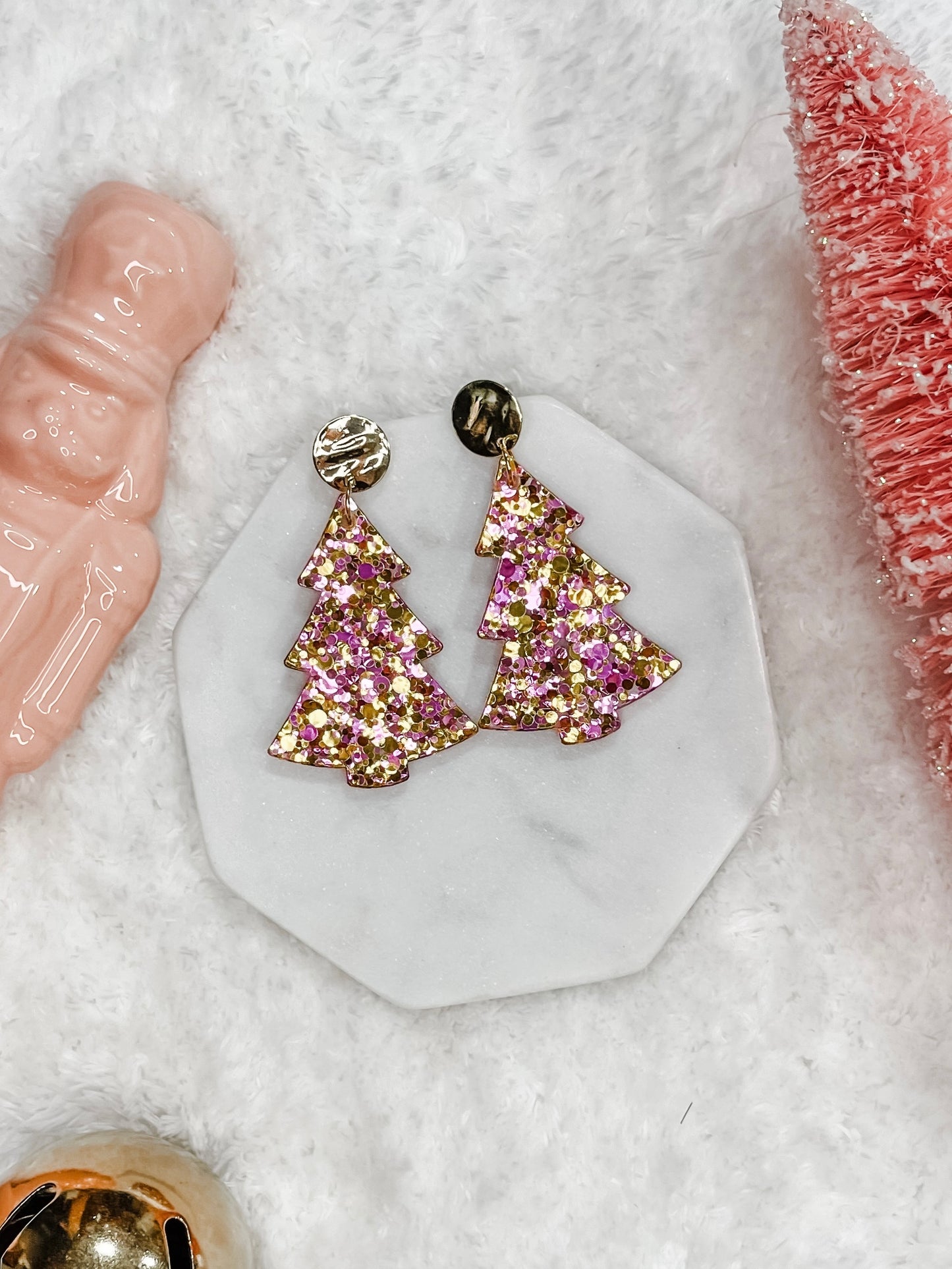 Pink + Gold Christmas Tree Earrings
