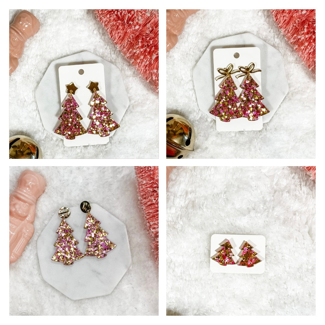Pink + Gold Christmas Tree Earrings