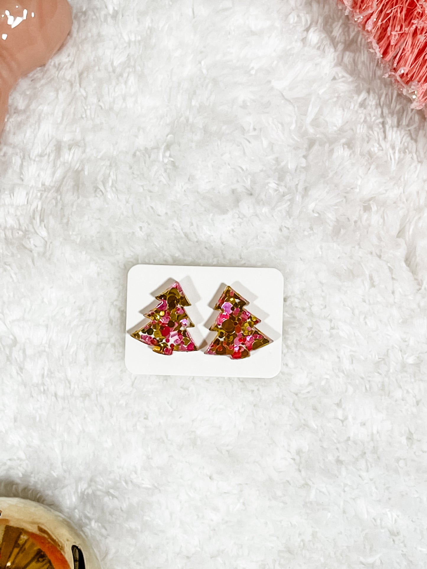 Pink + Gold Christmas Tree Earrings